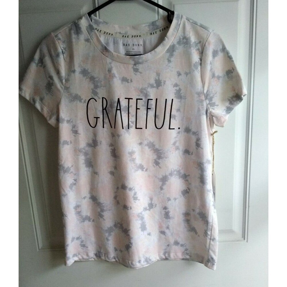 Rae Dunn T-Shirt Top Women's XS (Grateful) Tie-Dye Peach/Gray